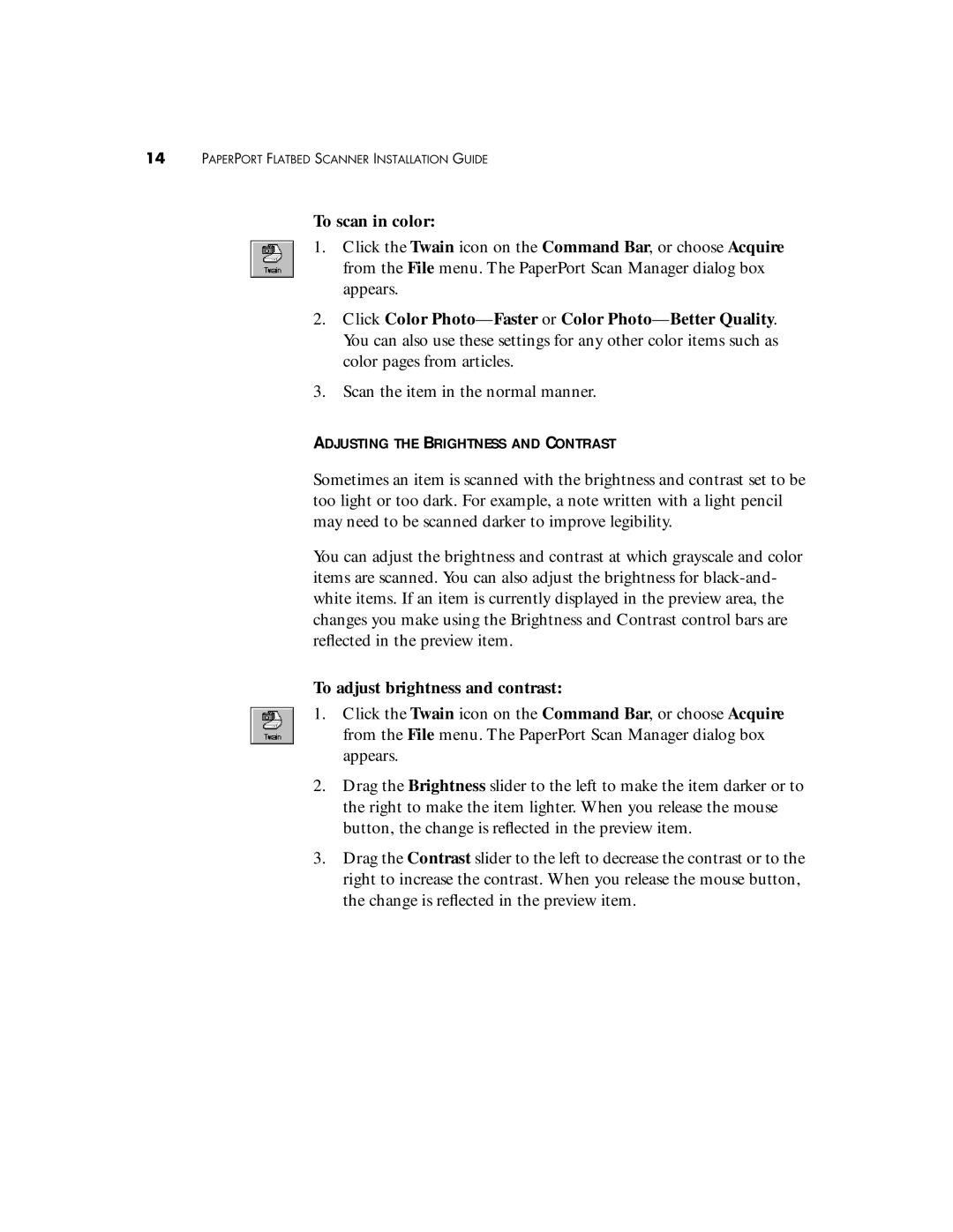 Visioneer 6100, 3100, 6000 manual To scan in color, Adjusting the Brightness and Contrast, To adjust brightness and contrast 