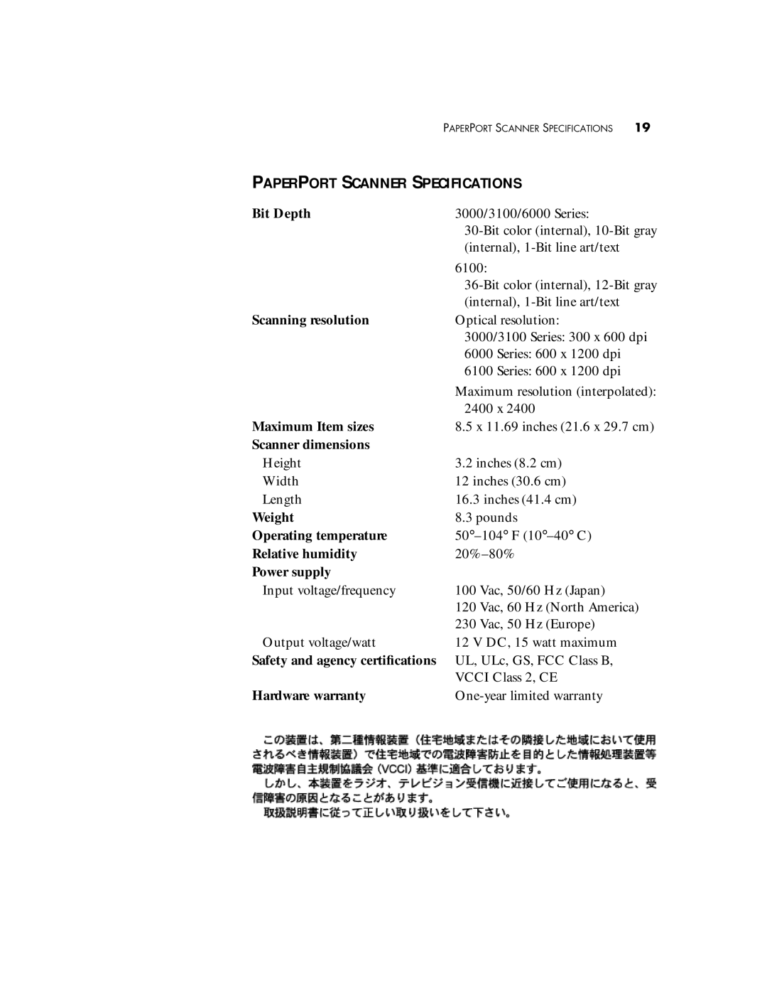 Visioneer 6000, 3100, 6100 manual Paperport Scanner Specifications 