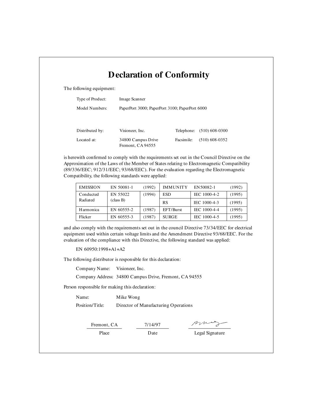 Visioneer 6100, 3100, 6000 manual Declaration of Conformity 