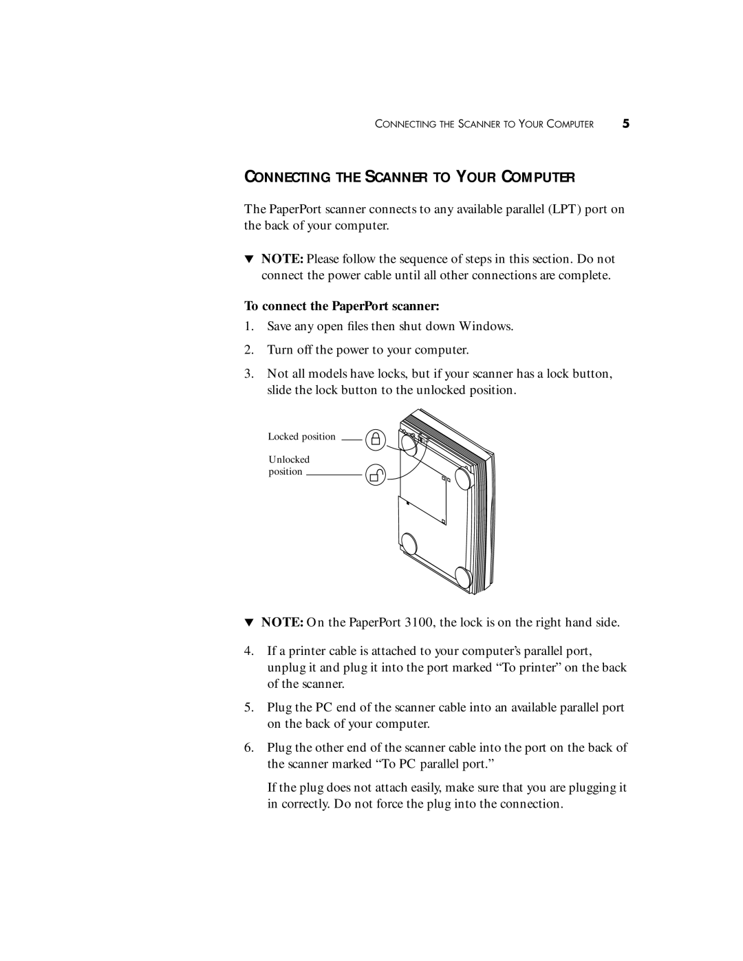 Visioneer 6100, 3100, 6000 manual Connecting the Scanner to Your Computer, To connect the PaperPort scanner 