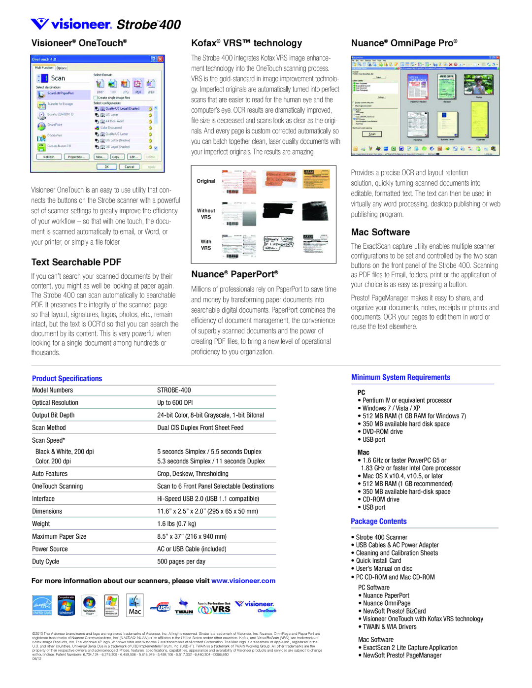 Visioneer 400 brochure Visioneer OneTouch Kofax VRS technology, Nuance PaperPort, Mac Software 