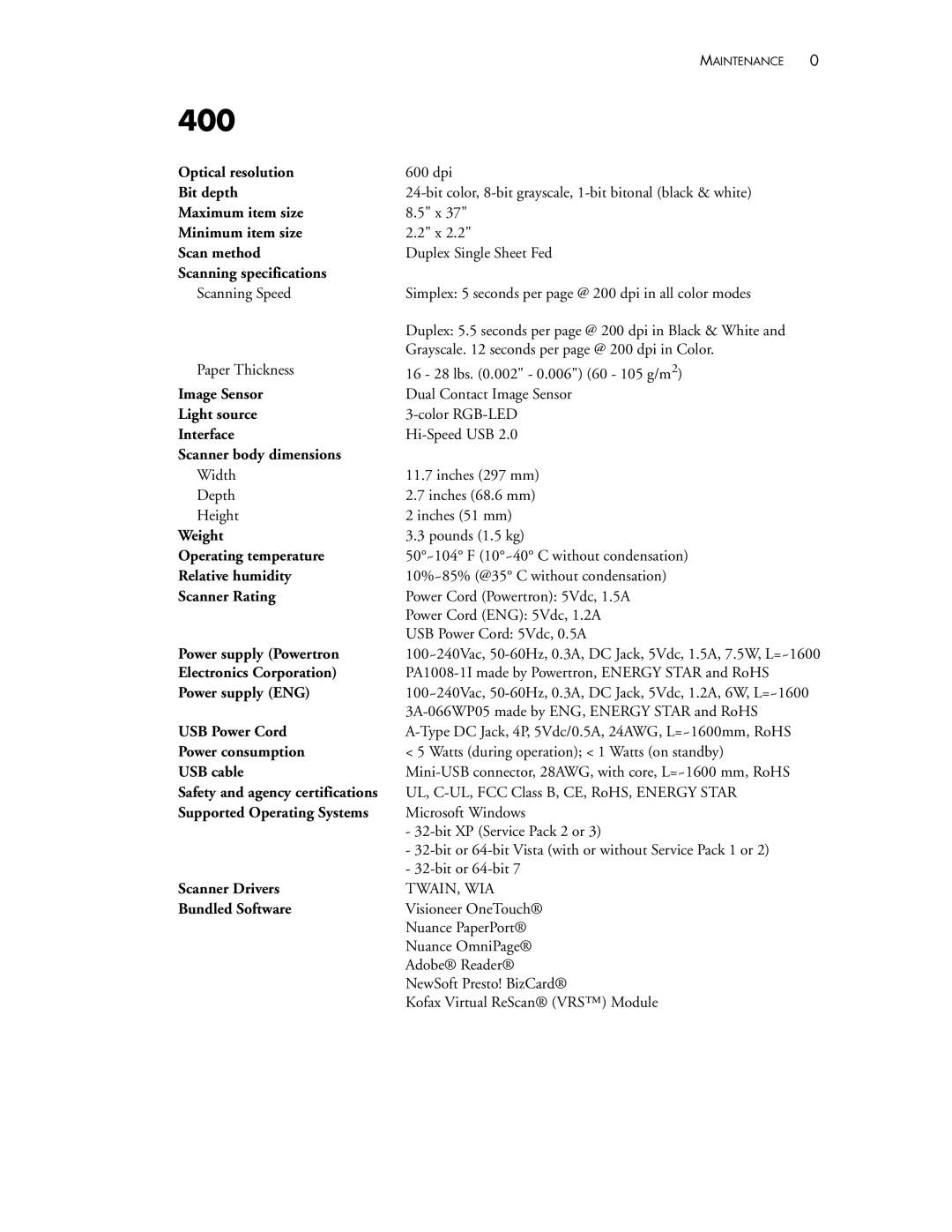 Visioneer manual Strobe 400 Scanner Specifications, Scanning specifications 