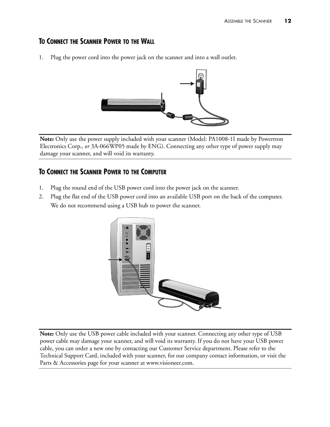 Visioneer 400 manual To Connect the Scanner Power to the Wall, To Connect the Scanner Power to the Computer 