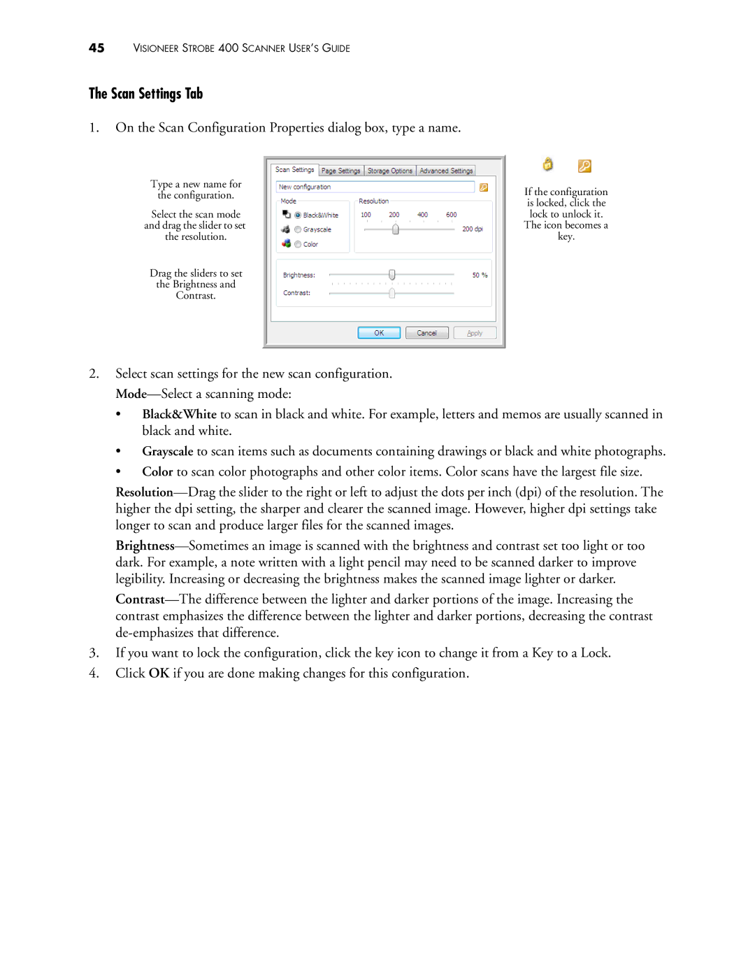 Visioneer 400 manual Scan Settings Tab 