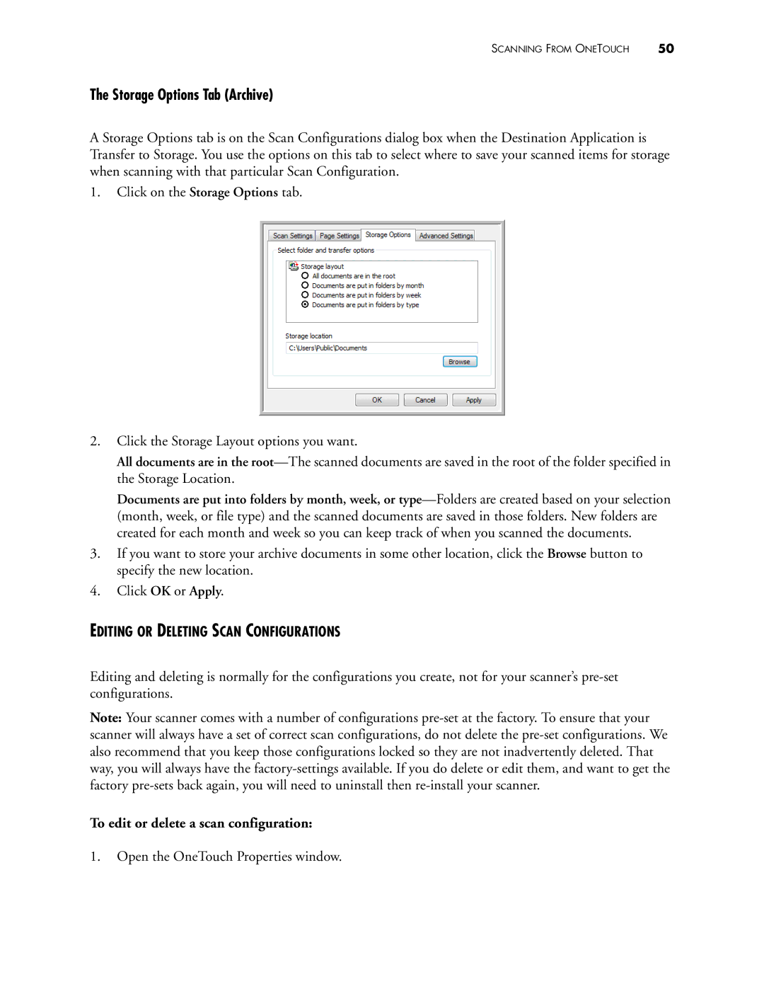 Visioneer 400 Storage Options Tab Archive, Editing or Deleting Scan Configurations, To edit or delete a scan configuration 