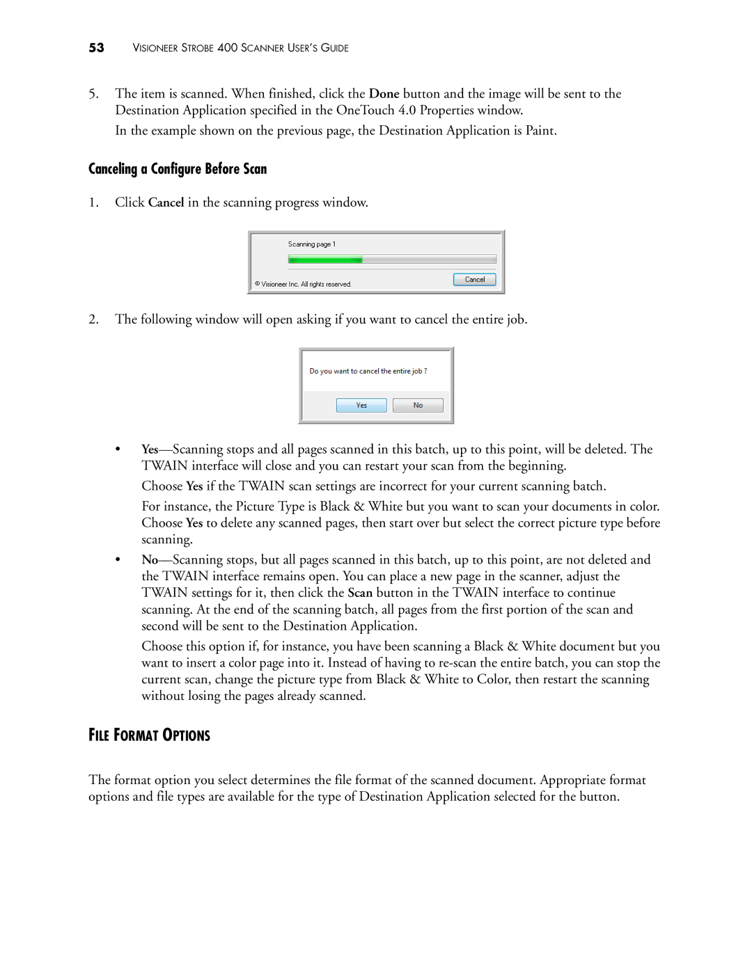 Visioneer 400 manual Canceling a Configure Before Scan, File Format Options 