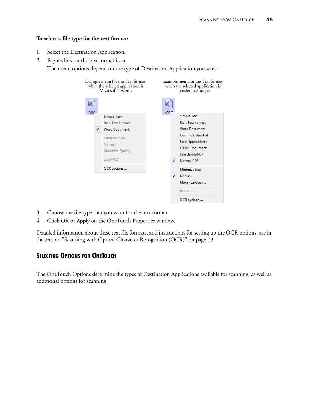 Visioneer 400 manual To select a file type for the text format, Selecting Options for Onetouch 