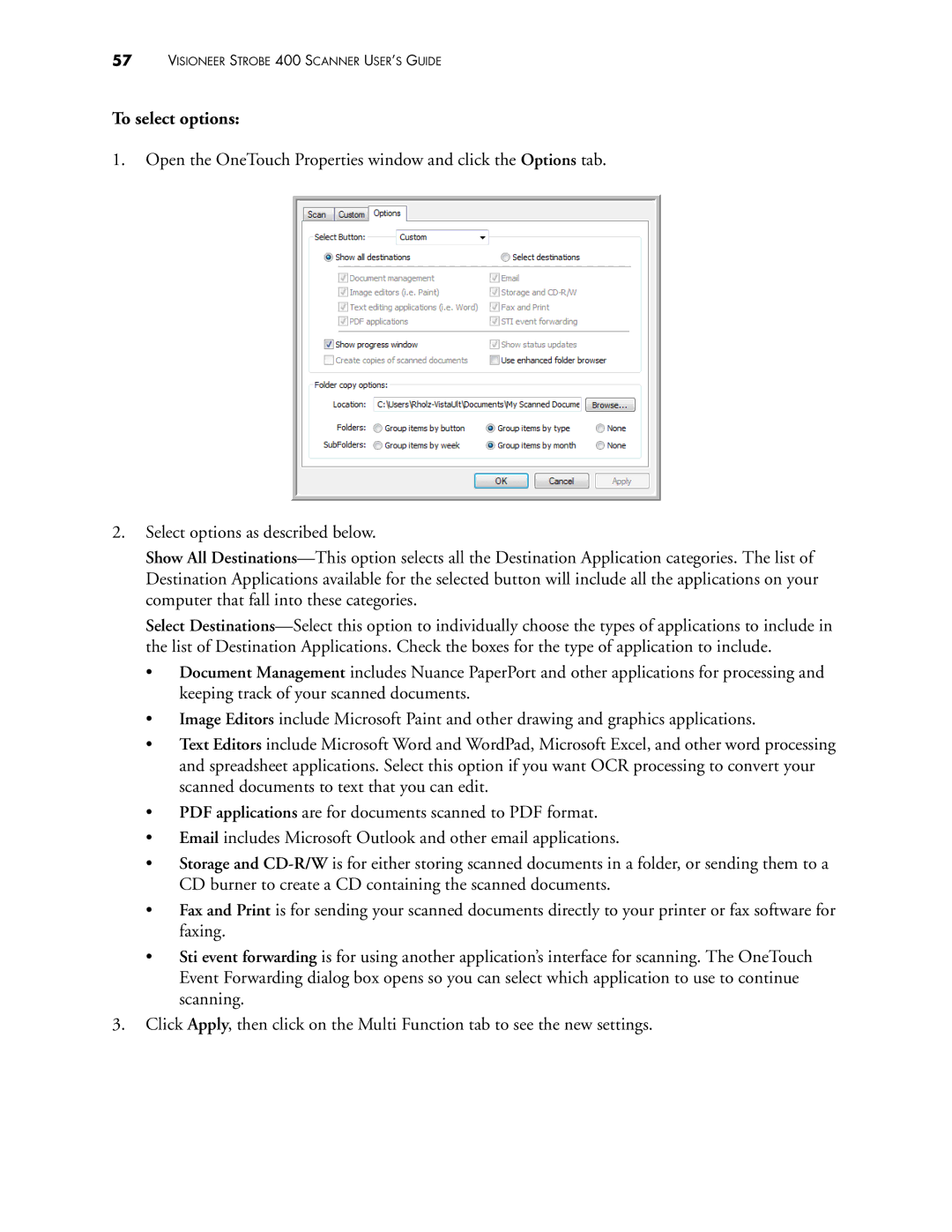 Visioneer 400 manual To select options 