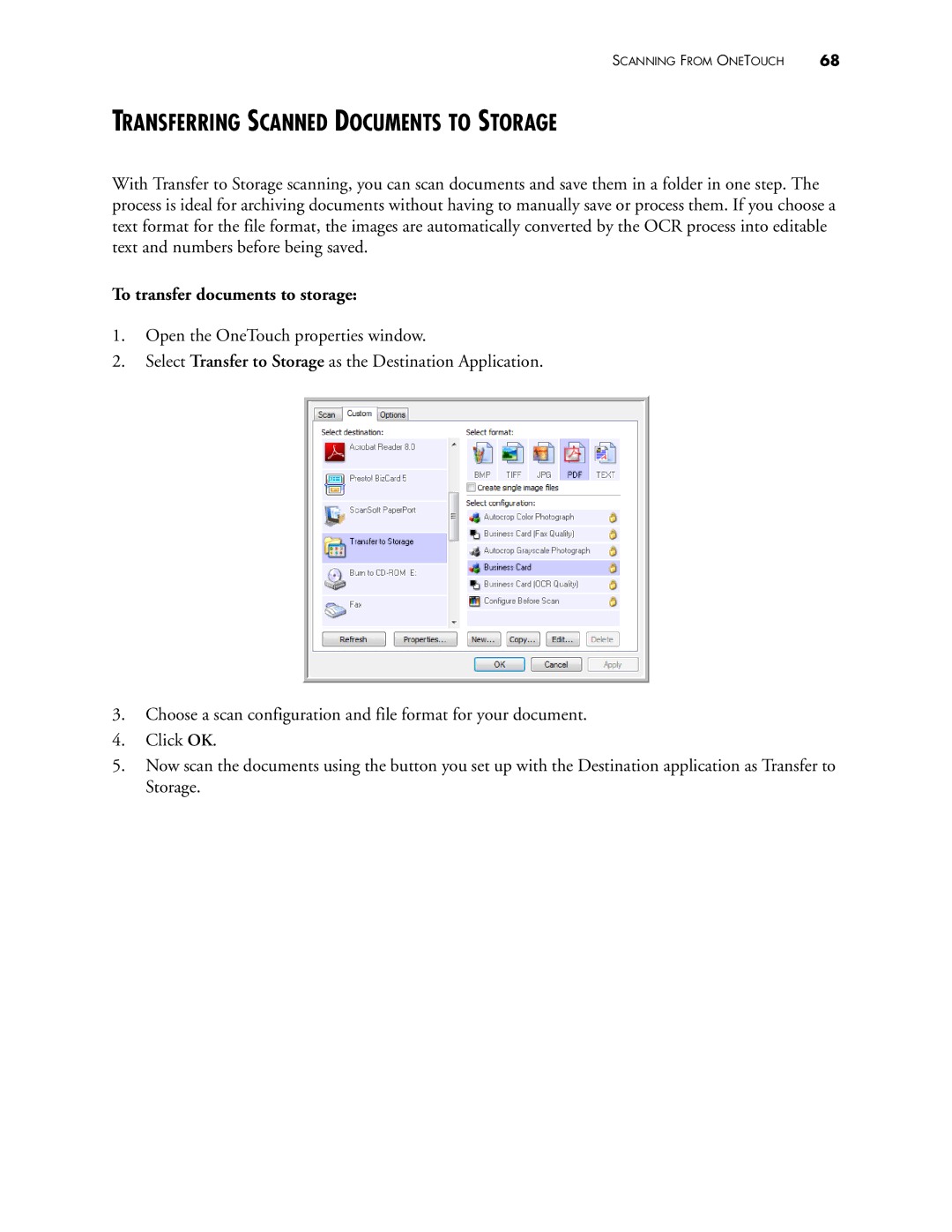 Visioneer 400 manual Transferring Scanned Documents to Storage, To transfer documents to storage 