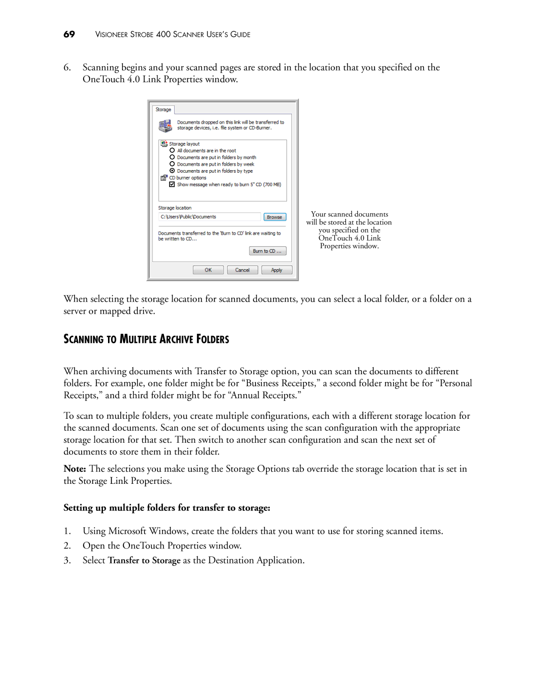 Visioneer 400 manual Scanning to Multiple Archive Folders, Setting up multiple folders for transfer to storage 