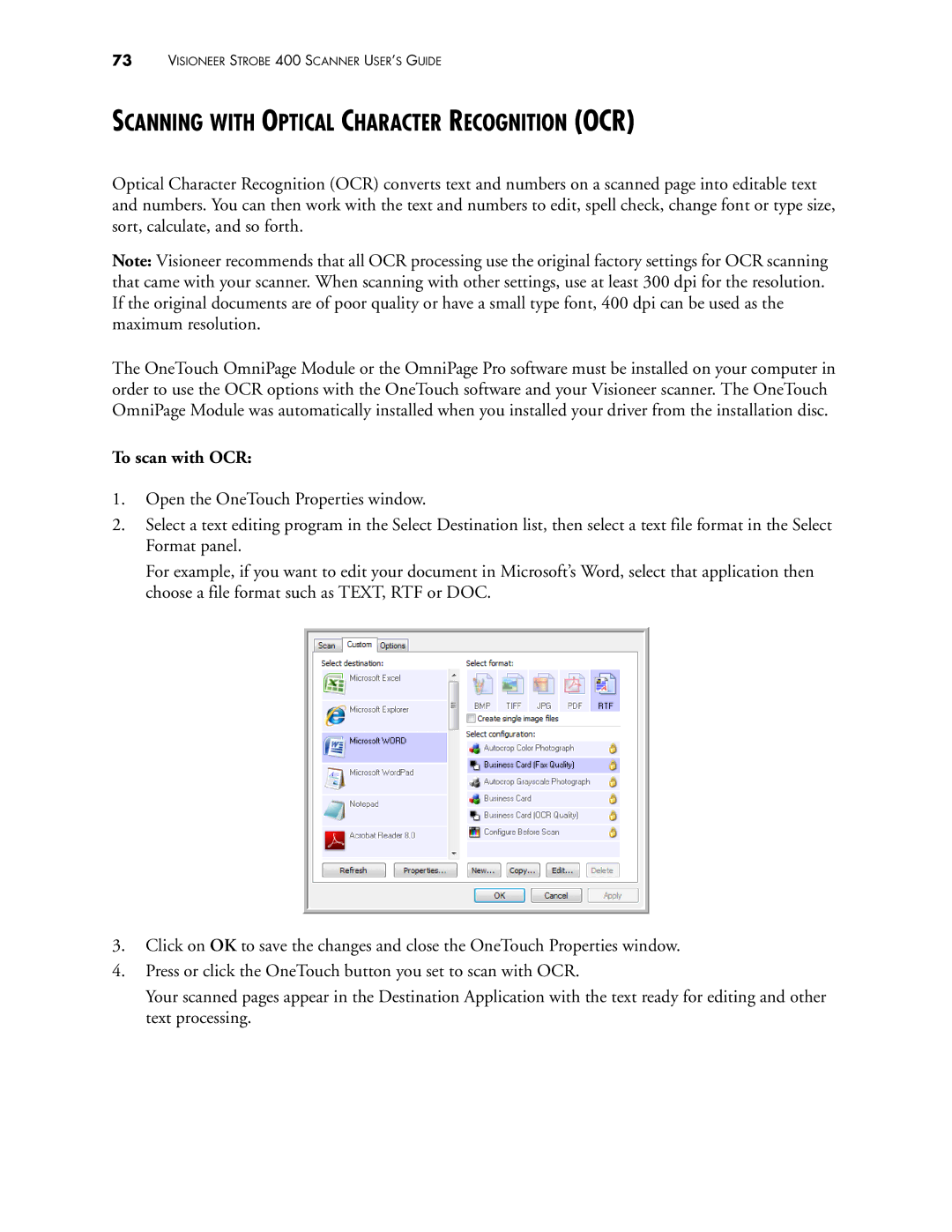 Visioneer 400 manual Scanning with Optical Character Recognition OCR, To scan with OCR 