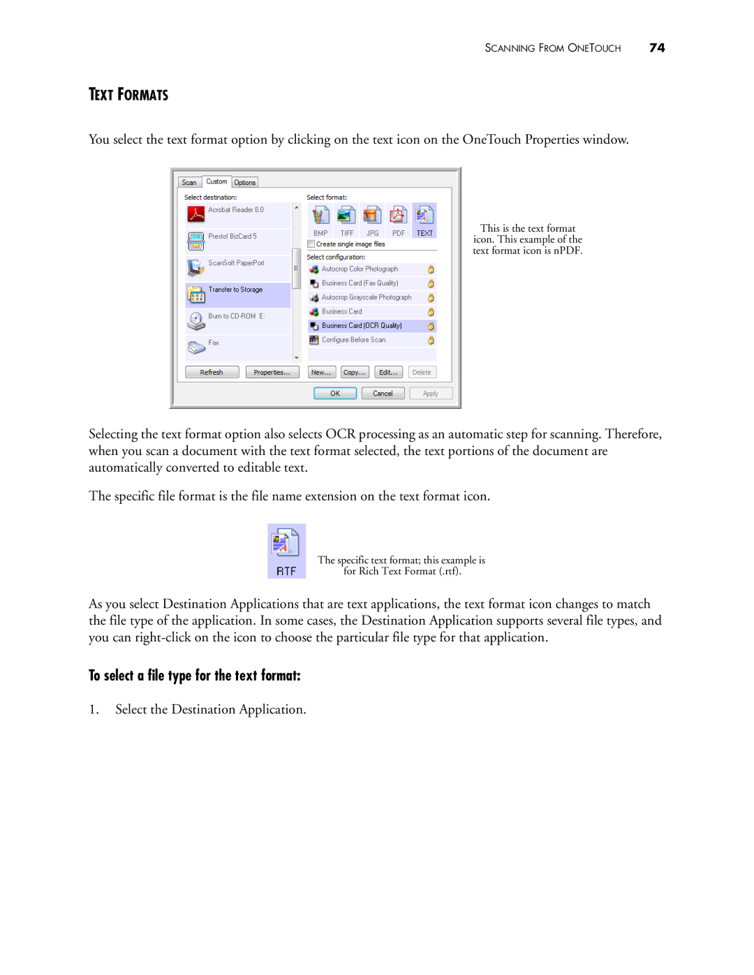 Visioneer 400 manual To select a file type for the text format, Text Formats 