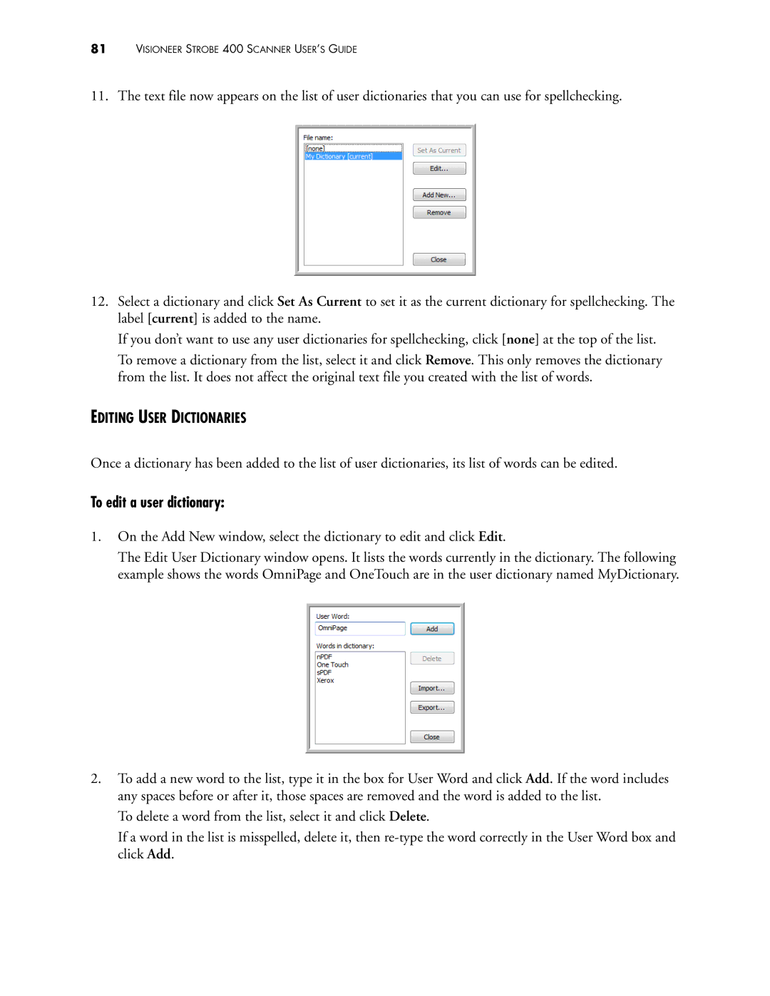 Visioneer 400 manual To edit a user dictionary, Editing User Dictionaries 