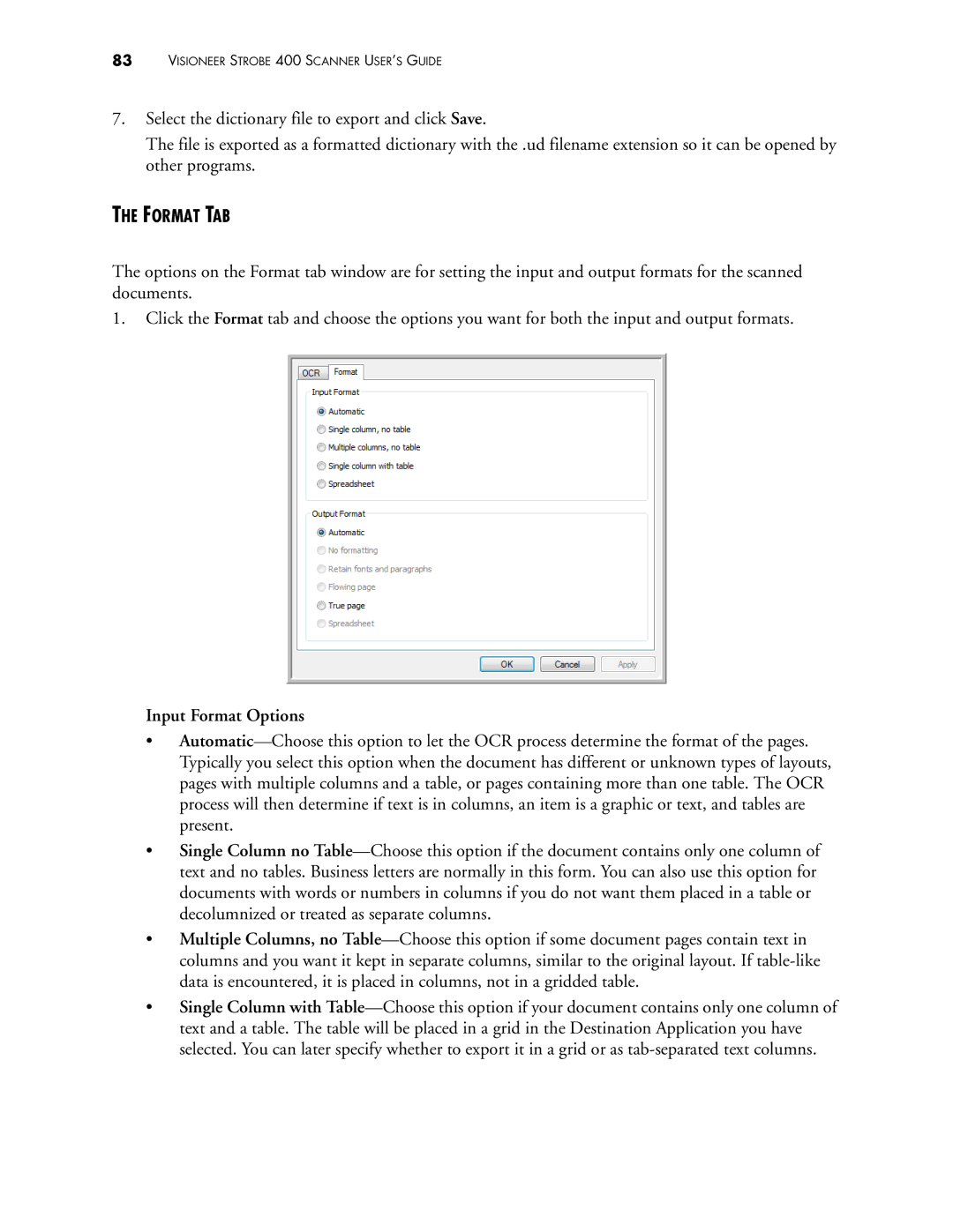 Visioneer 400 manual Format TAB, Input Format Options 