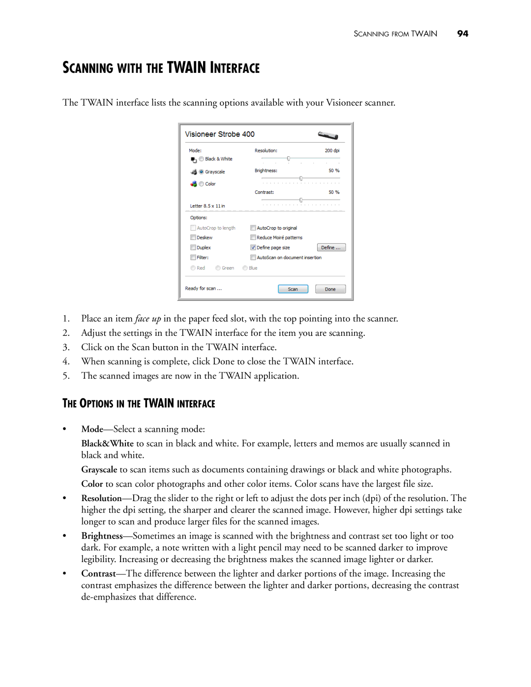 Visioneer 400 manual Scanning with the Twain Interface, Options in the Twain Interface 