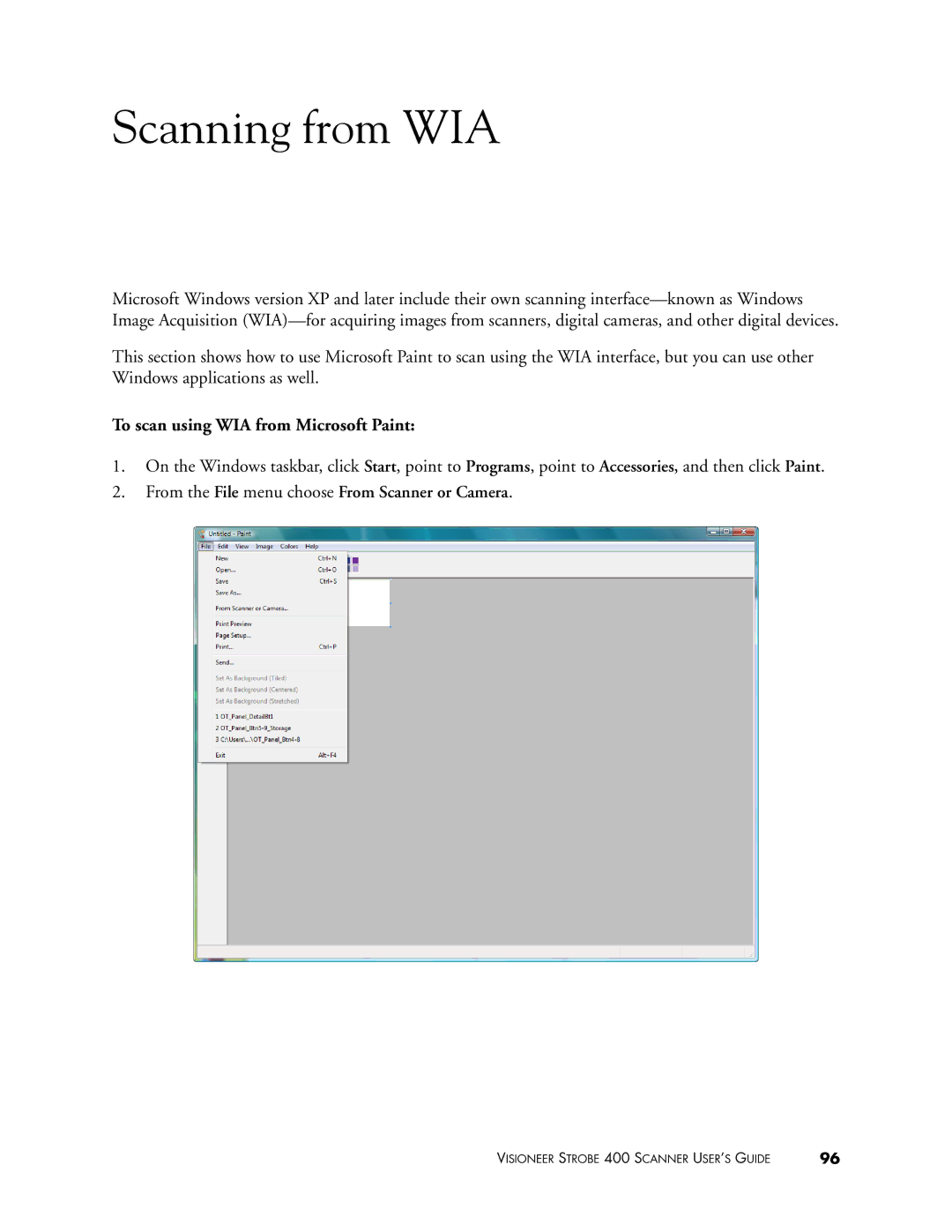 Visioneer 400 manual To scan using WIA from Microsoft Paint, From the File menu choose From Scanner or Camera 