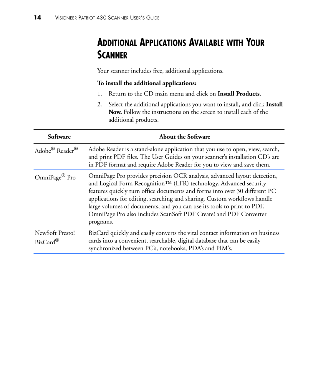 Visioneer 430 manual Scanner, Additional Applications Available with Your, To install the additional applications 
