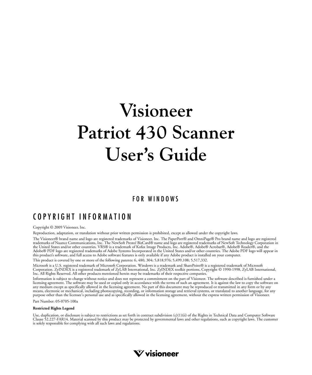 Visioneer manual Visioneer Patriot 430 Scanner User’s Guide 