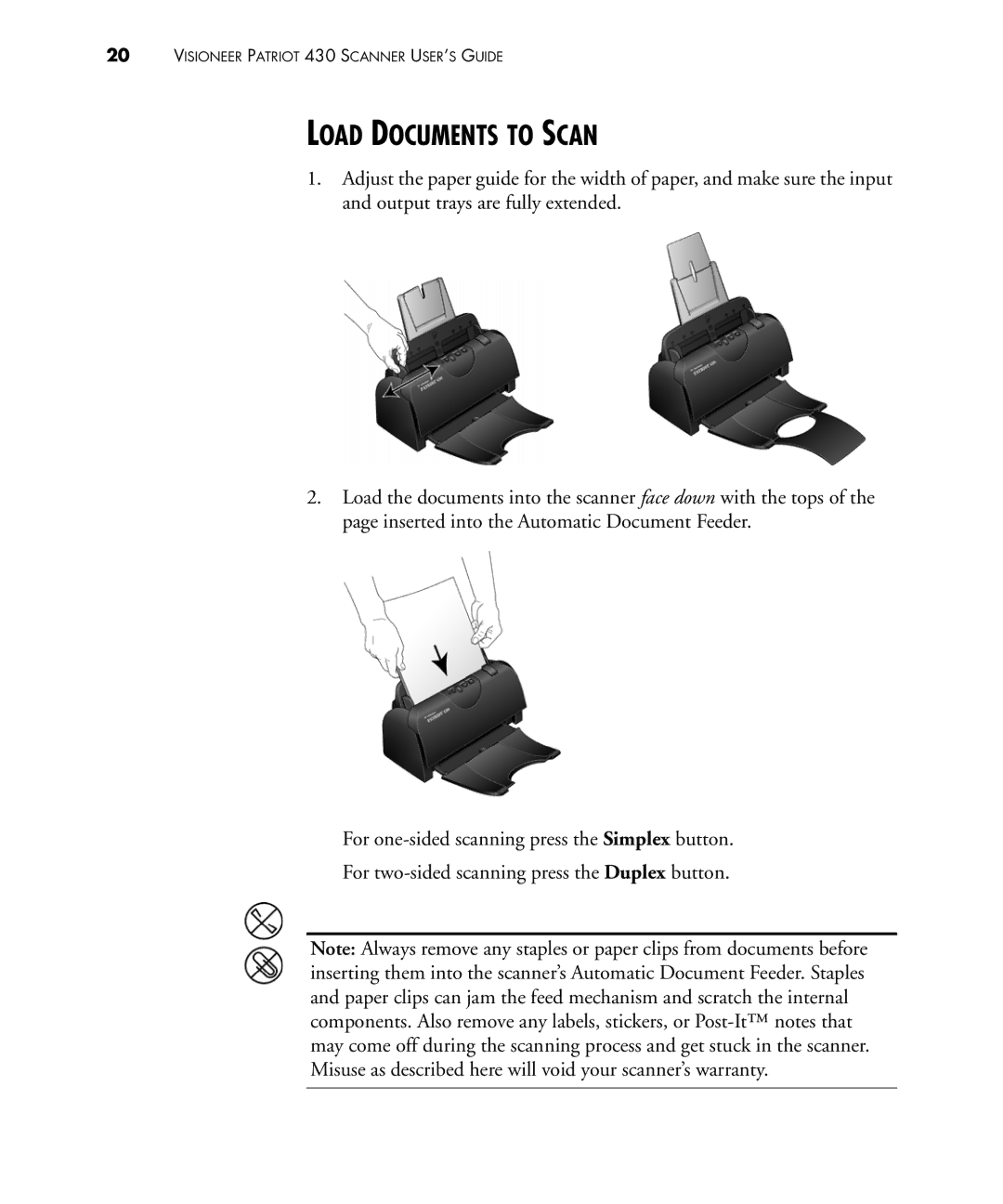 Visioneer 430 manual Load Documents to Scan 