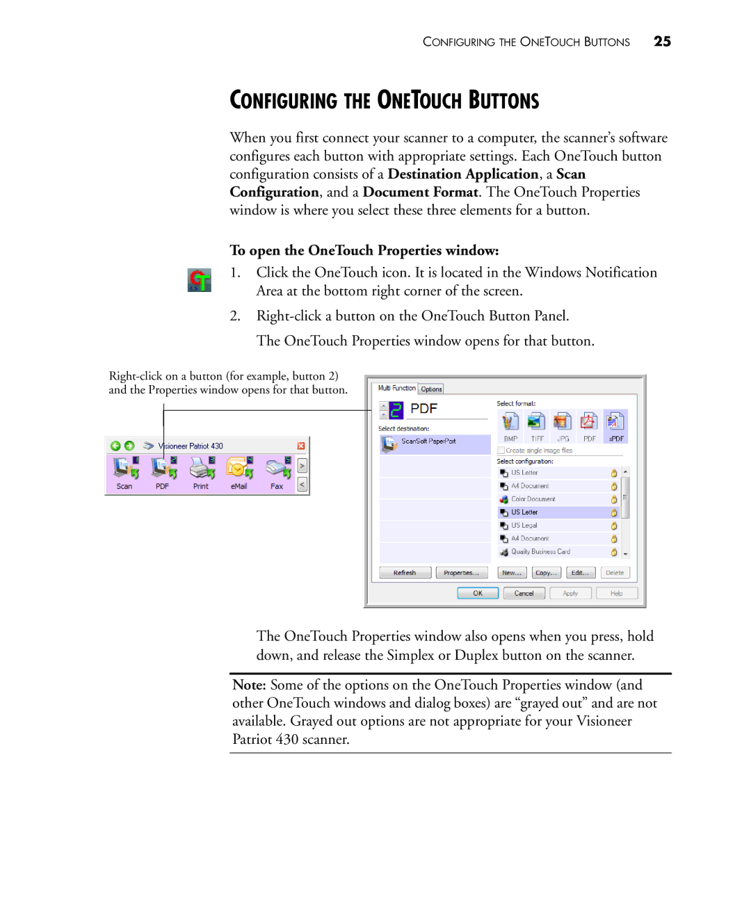 Visioneer 430 manual Configuring the Onetouch Buttons, To open the OneTouch Properties window 