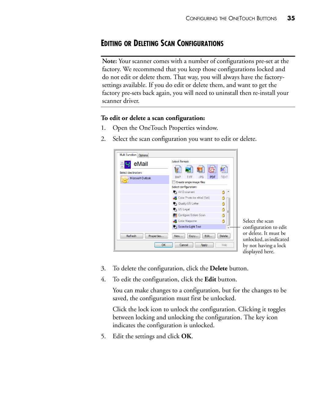 Visioneer 430 manual Editing or Deleting Scan Configurations, To edit or delete a scan configuration 