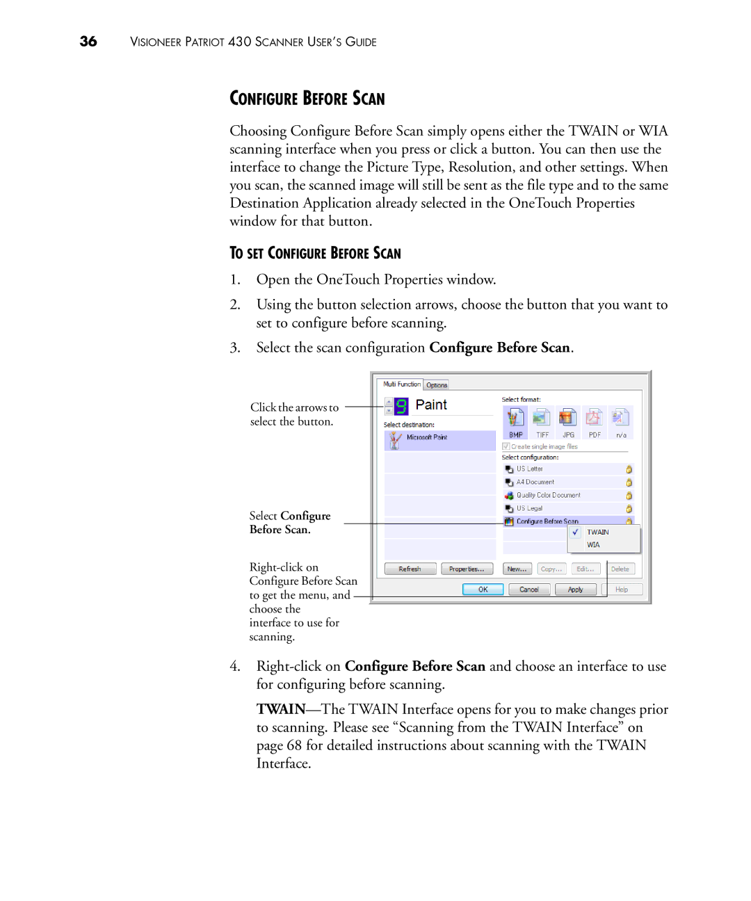 Visioneer 430 manual Select Configure Before Scan 