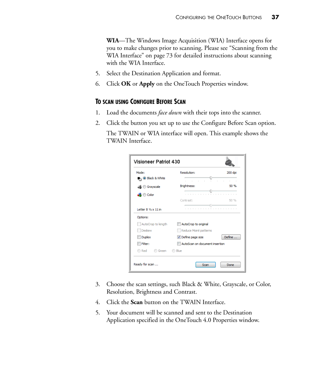 Visioneer 430 manual To Scan Using Configure Before Scan 