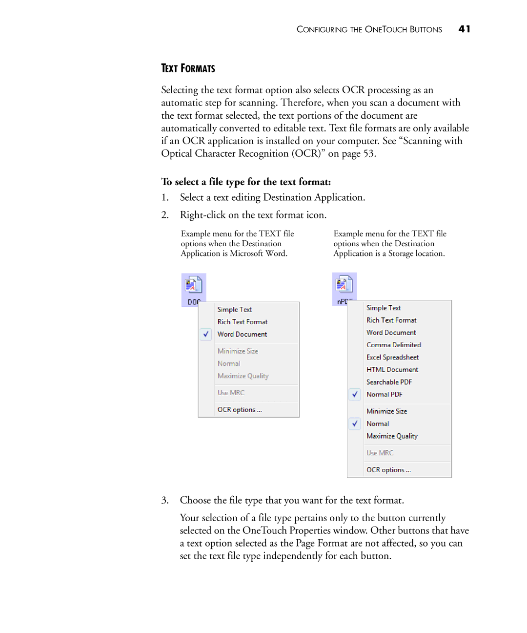 Visioneer 430 manual To select a file type for the text format 