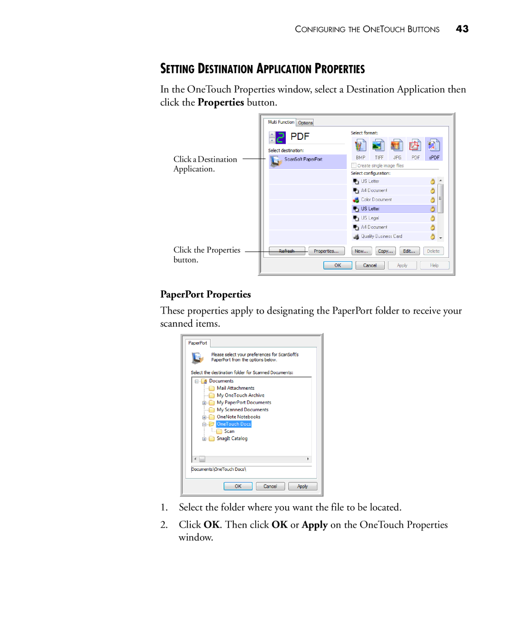 Visioneer 430 manual Setting Destination Application Properties, PaperPort Properties 