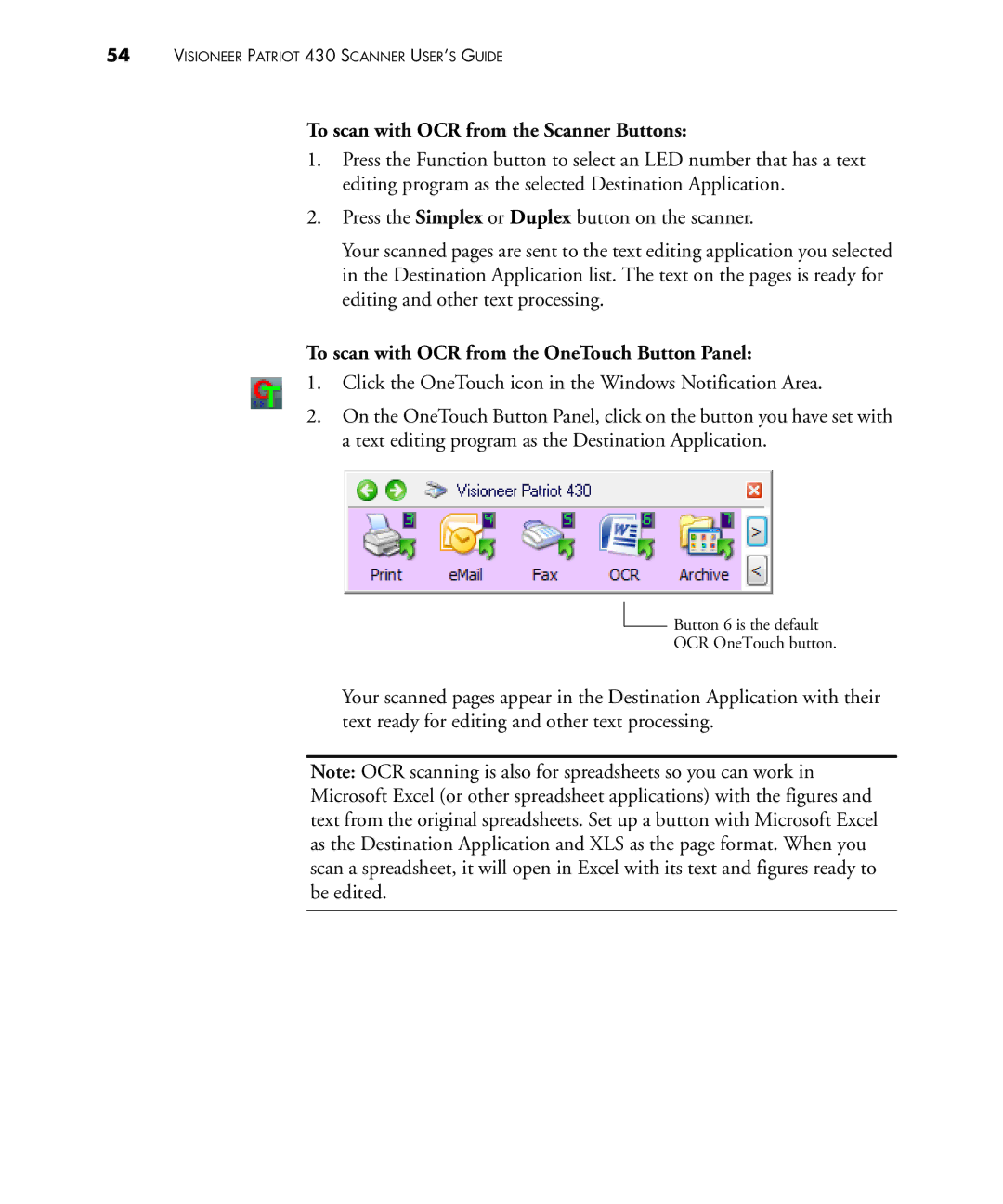 Visioneer 430 manual To scan with OCR from the Scanner Buttons, To scan with OCR from the OneTouch Button Panel 