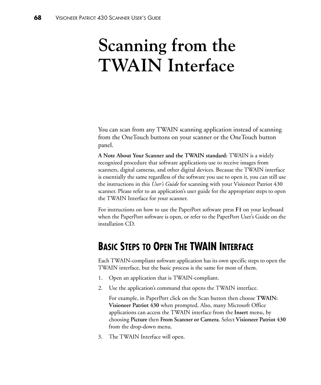 Visioneer 430 manual Scanning from Twain Interface, Basic Steps to Open the Twain Interface 