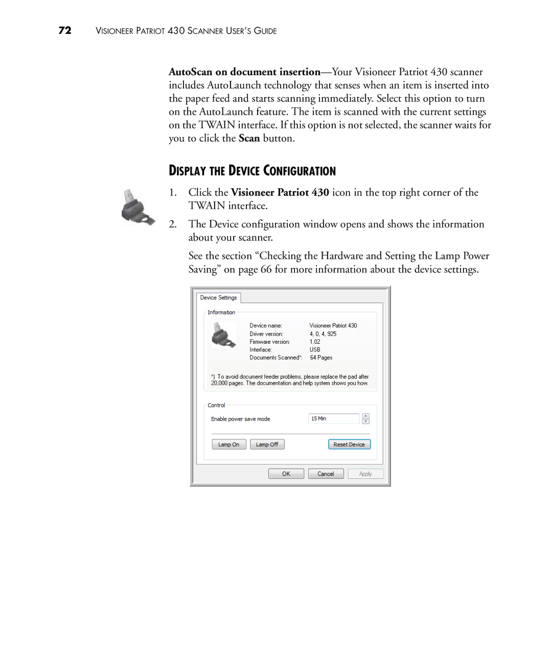 Visioneer 430 manual Display the Device Configuration 