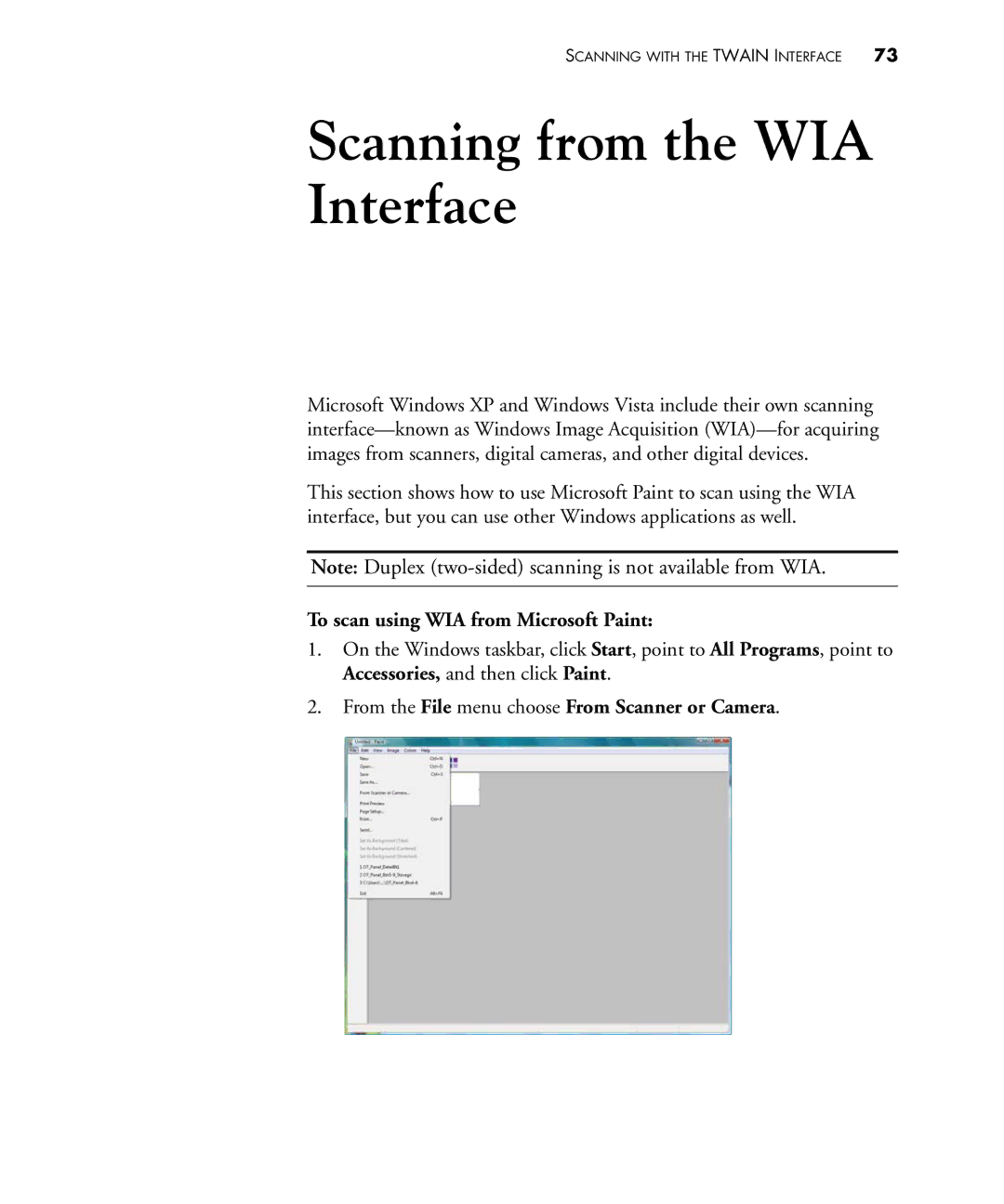 Visioneer 430 manual To scan using WIA from Microsoft Paint, From the File menu choose From Scanner or Camera 