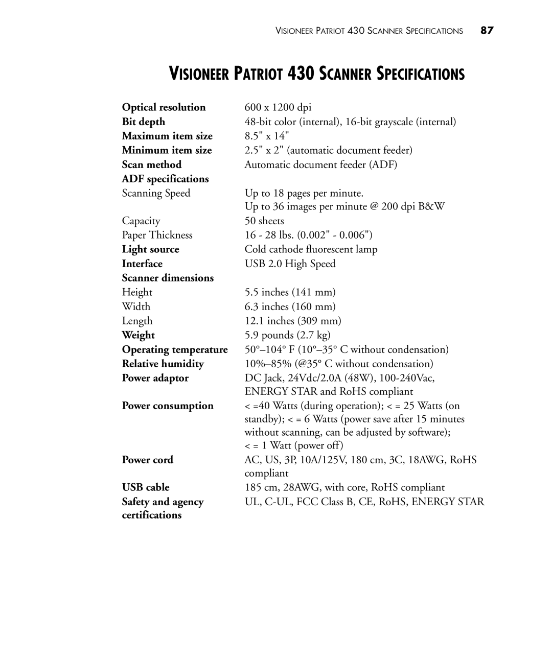 Visioneer 430 Optical resolution, Bit depth, Maximum item size Minimum item size, Scan method, ADF specifications, Weight 