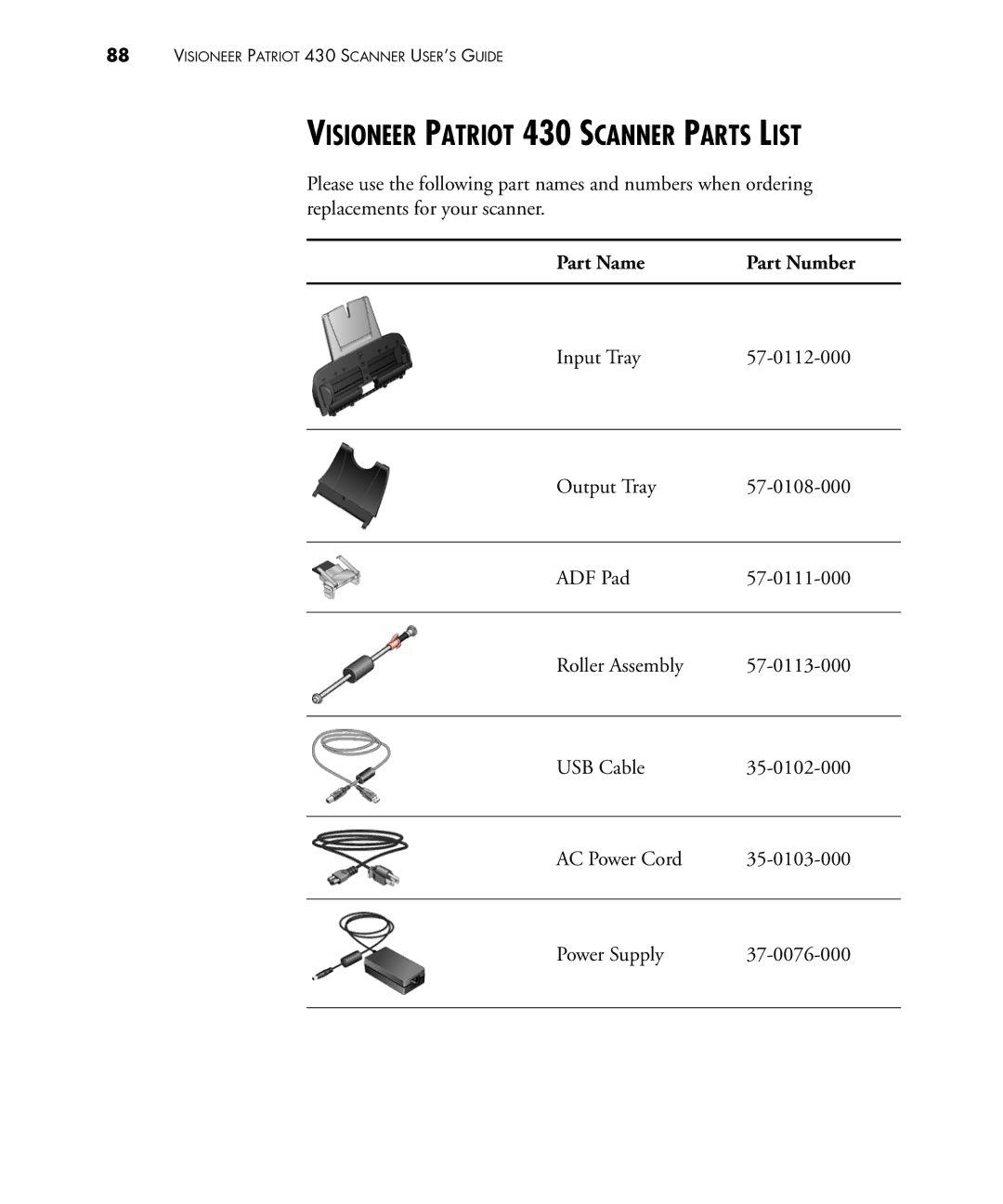 Visioneer manual Visioneer Patriot 430 Scanner Parts List, Part Name Part Number 