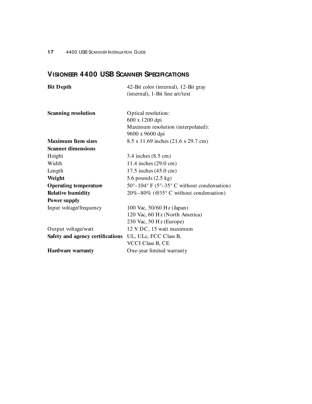 Visioneer manual Visioneer 4400 USB Scanner Specifications 