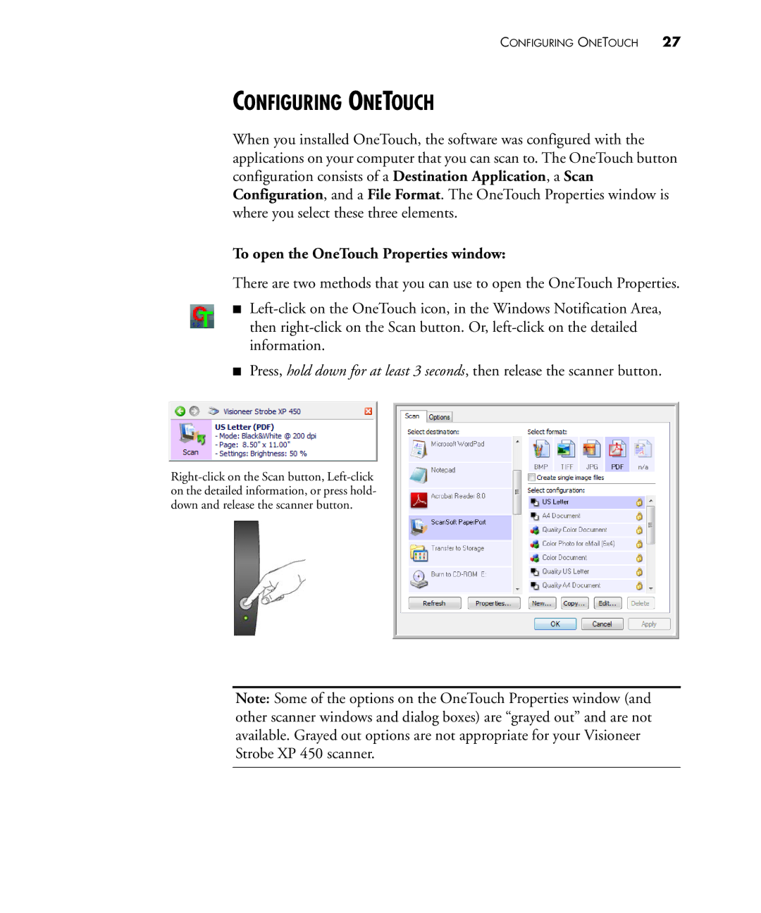 Visioneer 450 manual Configuring Onetouch, To open the OneTouch Properties window 