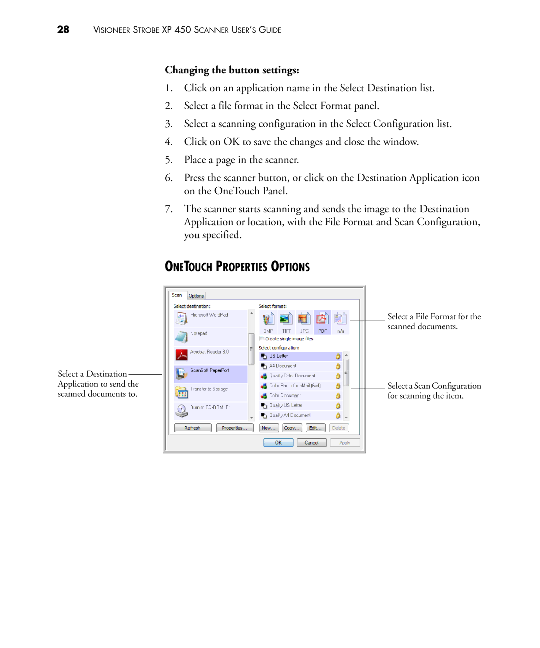 Visioneer 450 manual Changing the button settings, Onetouch Properties Options 