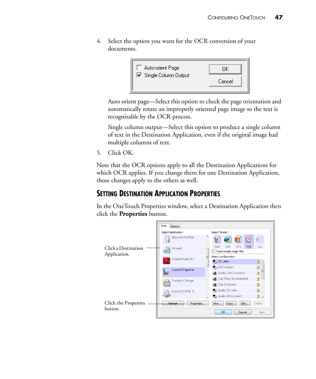 Visioneer 450 manual Setting Destination Application Properties 