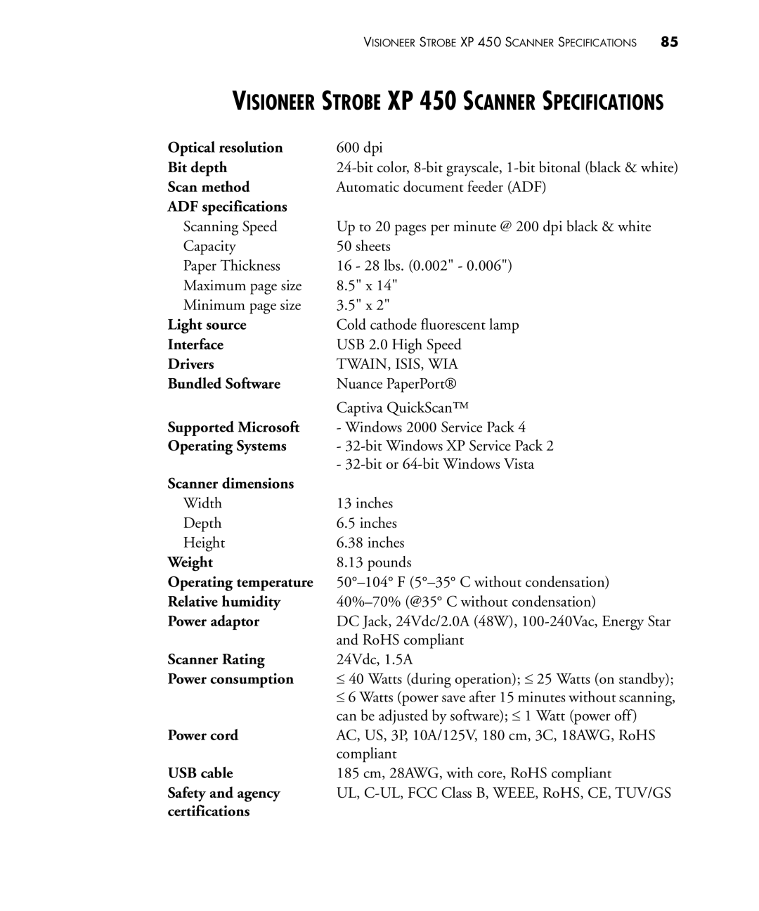 Visioneer 450 Optical resolution, Bit depth, Scan method, ADF specifications, Light source, Interface, Drivers, Weight 