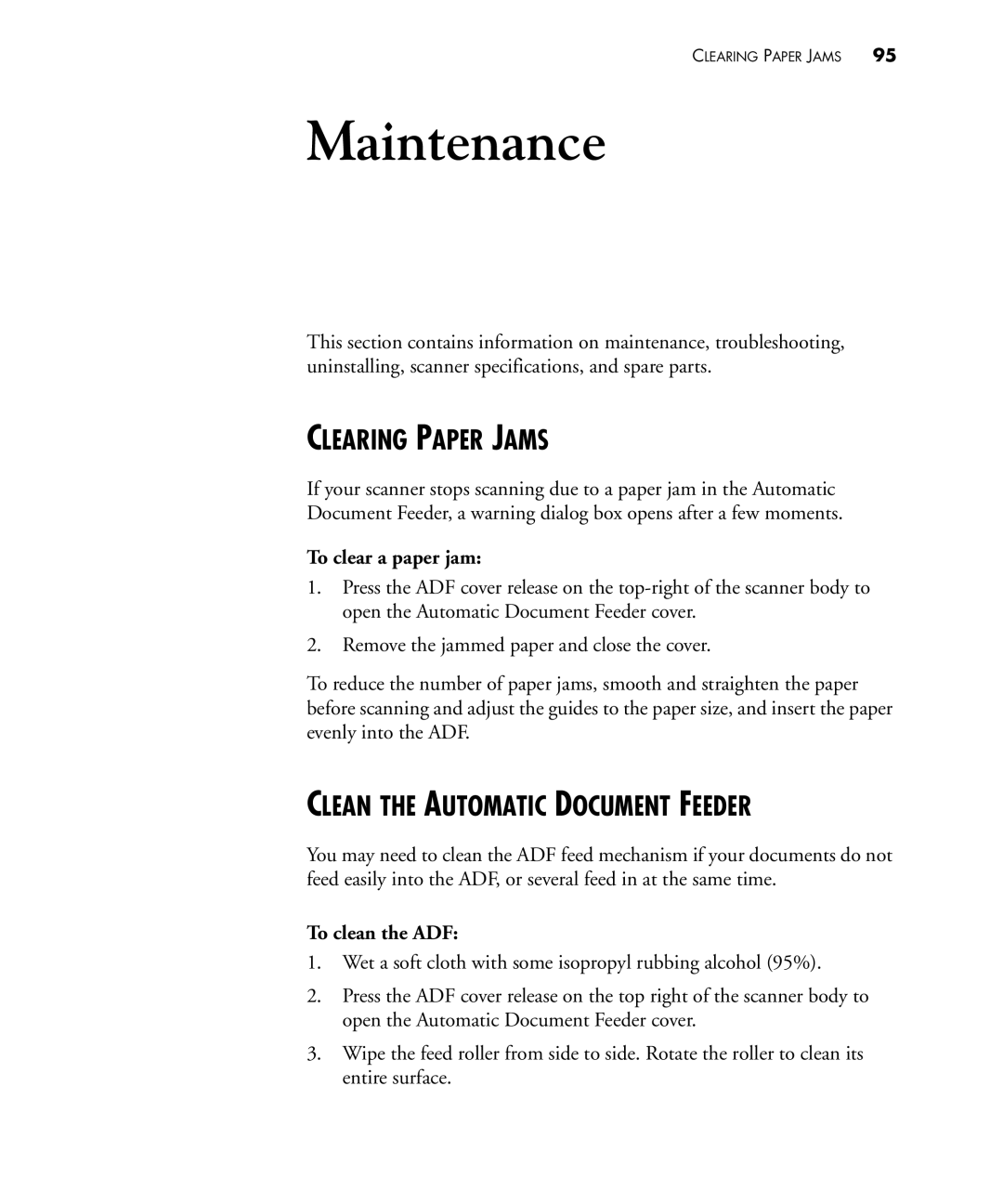 Visioneer 480 manual Clearing Paper Jams, Clean the Automatic Document Feeder, To clear a paper jam, To clean the ADF 