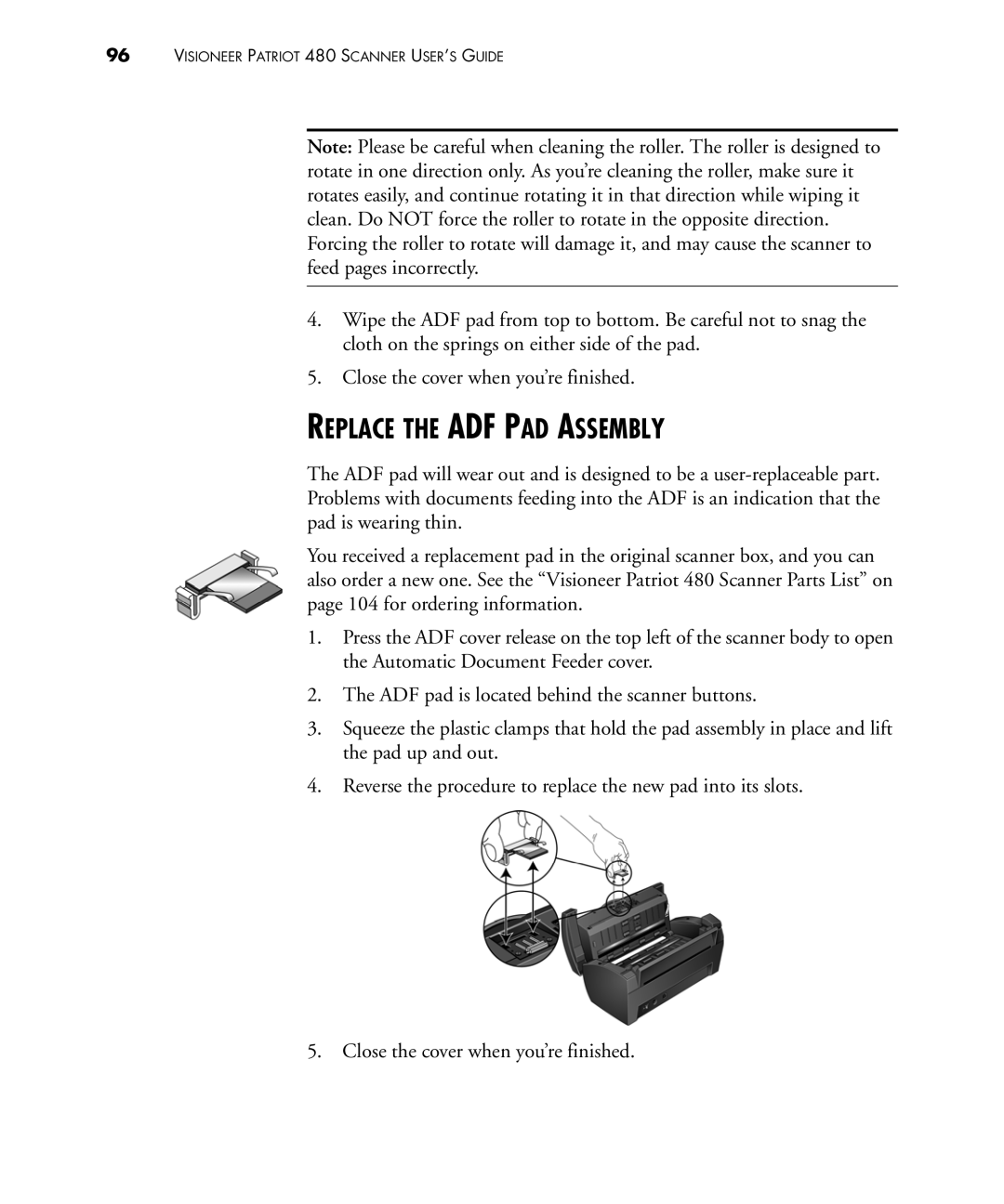 Visioneer 480 manual Replace the ADF PAD Assembly 