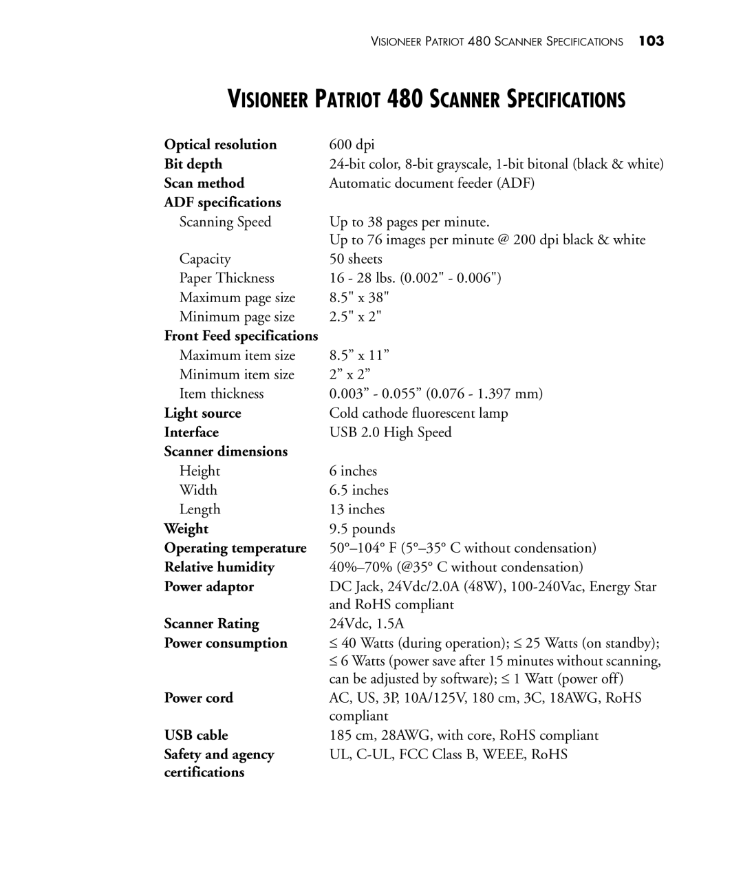 Visioneer 480 Optical resolution, Bit depth, Scan method, ADF specifications, Light source, Interface, Scanner dimensions 