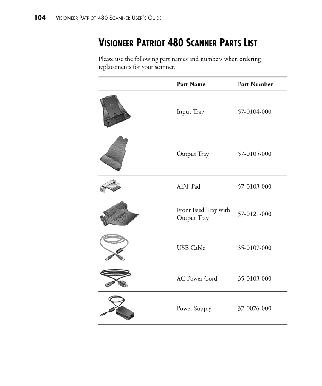 Visioneer manual Visioneer Patriot 480 Scanner Parts List, Part Name Part Number Input Tray 57-0104-000 