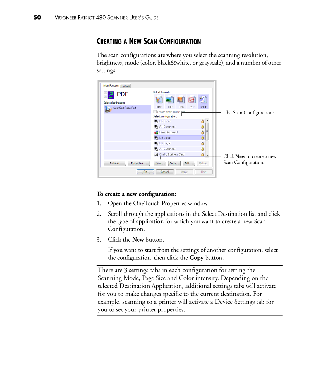 Visioneer 480 manual Creating a NEW Scan Configuration, To create a new configuration 