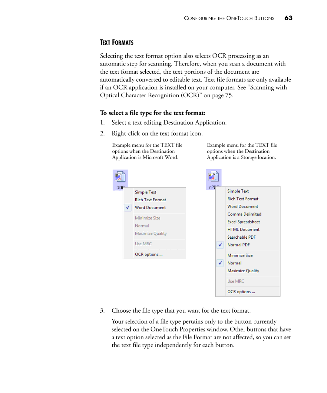 Visioneer 480 manual To select a file type for the text format 