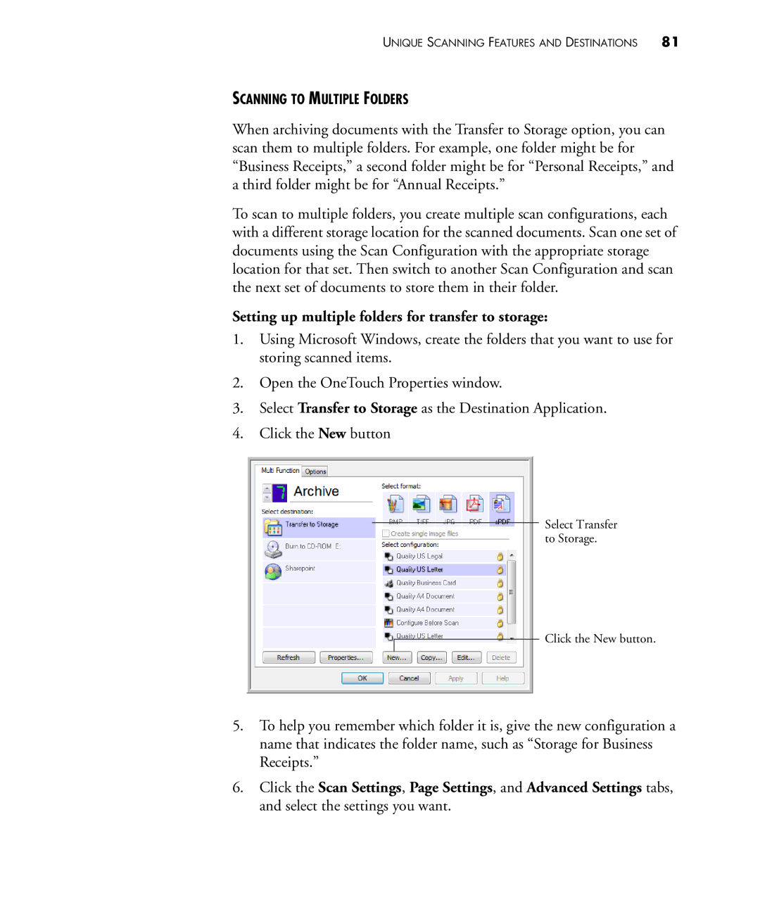 Visioneer 480 manual Setting up multiple folders for transfer to storage 