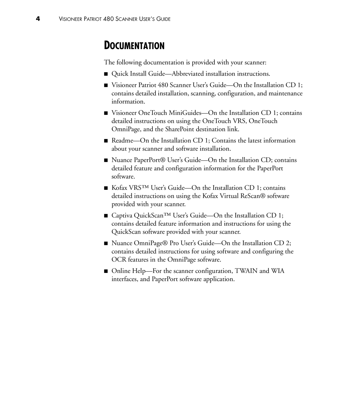 Visioneer 480 manual Documentation 