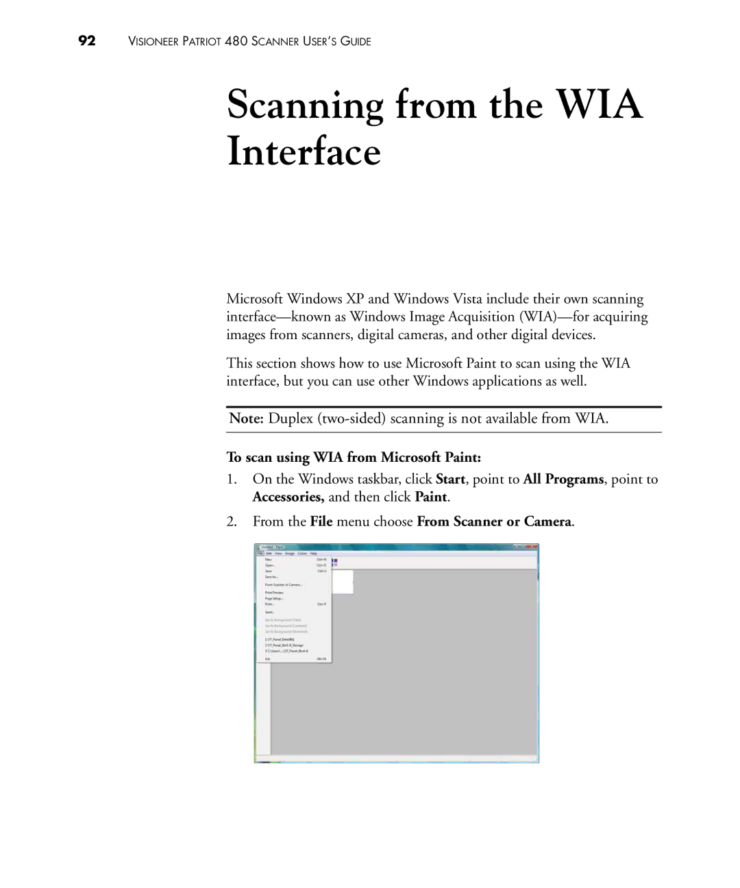 Visioneer 480 manual To scan using WIA from Microsoft Paint, From the File menu choose From Scanner or Camera 