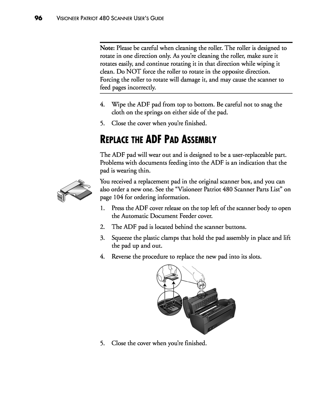Visioneer manual Replace The Adf Pad Assembly, VISIONEER PATRIOT 480 SCANNER USER’S GUIDE 
